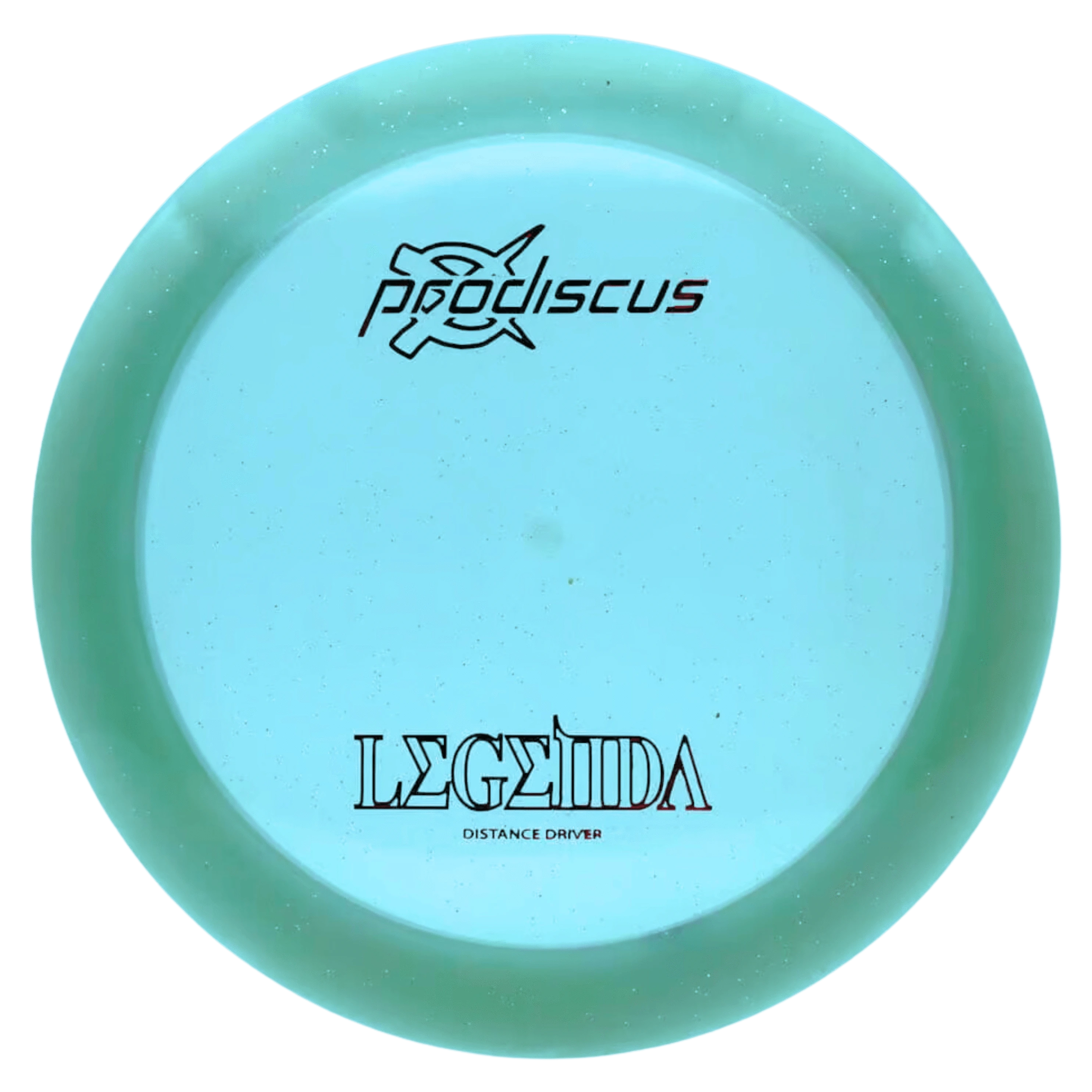 Light blue disc golf disc with black lettering.